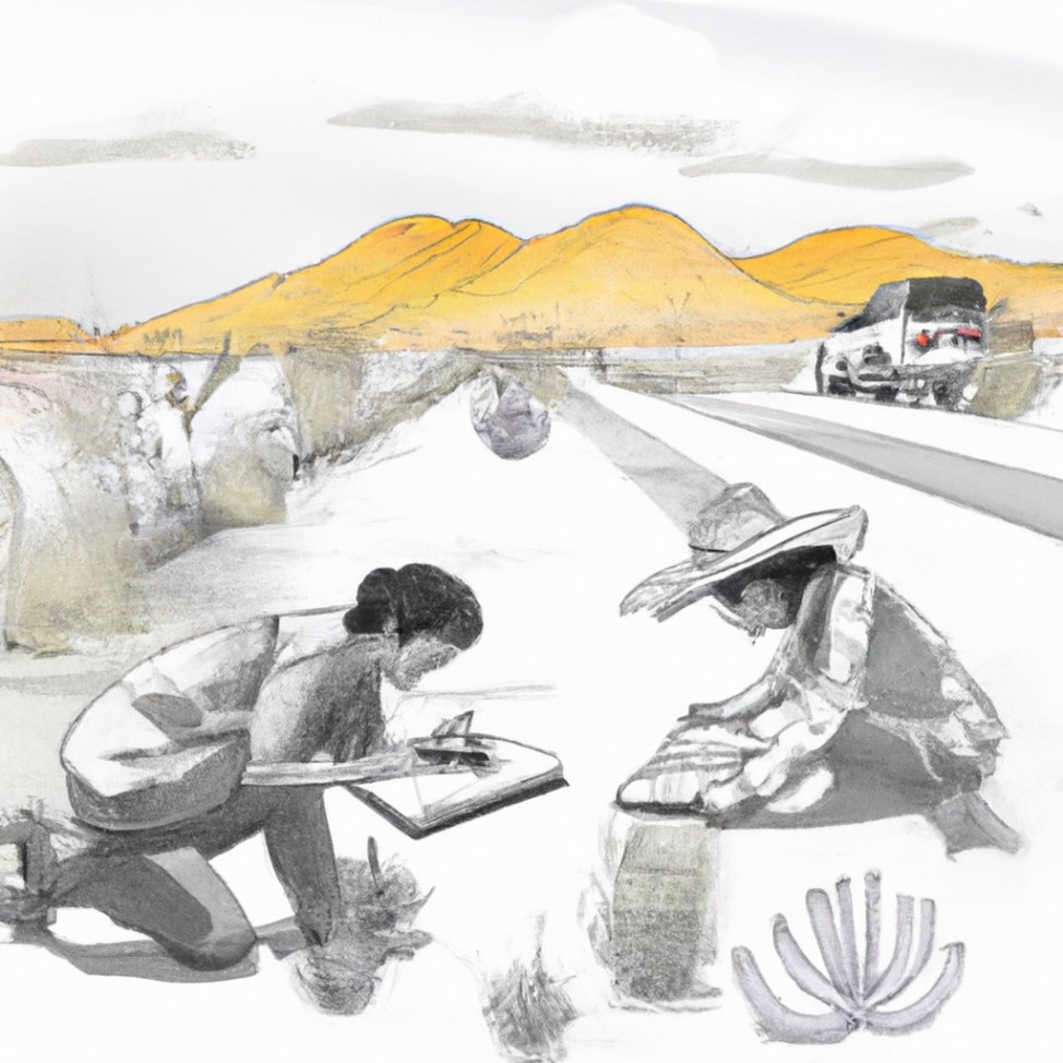 A digital sketch of two people kneeling down by some plants in a wide open plain infront of some mountains. There is a 4x4 near them. One person is writing on a clip board, the other is holding a herbarium press.